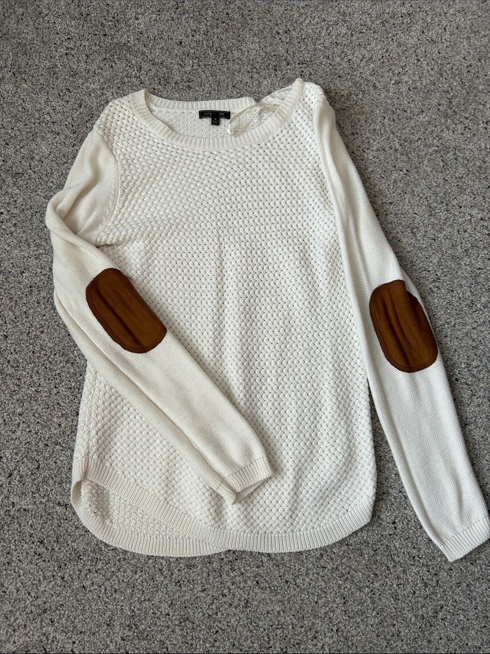 Women's Cream Knit Crewneck Sweater with Brown Elbow Patches